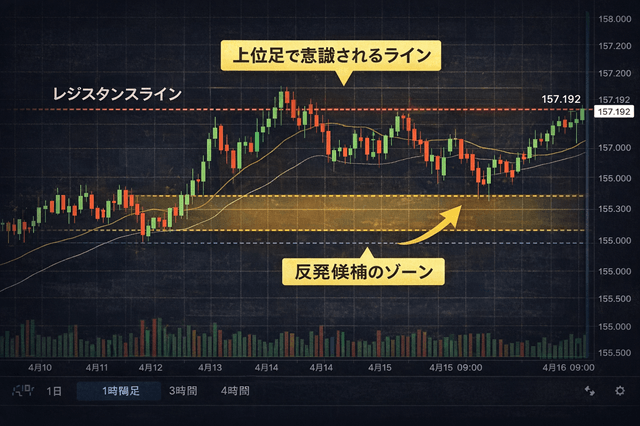 FXの反発ポイントの見つけ方5選|初心者向け判断基準と注意点 22 FXで反発ポイントを見つけるために水平線を引いたチャート例