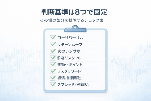 判断基準は8つで固定｜その場の気分を排除するチェック表のセクションのイメージ画像