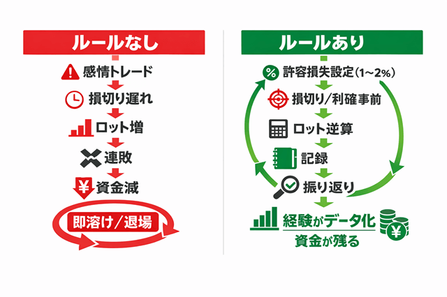 ルールなし→即溶けループ／ルールあり→経験がデータ化の概念図